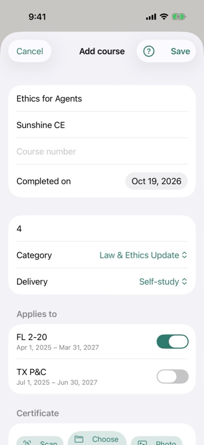 The Add course form: completed date, 4 hours, Law & Ethics Update category, Applies to with the Florida license turned on, and Scan, Choose file and Photo buttons for the certificate