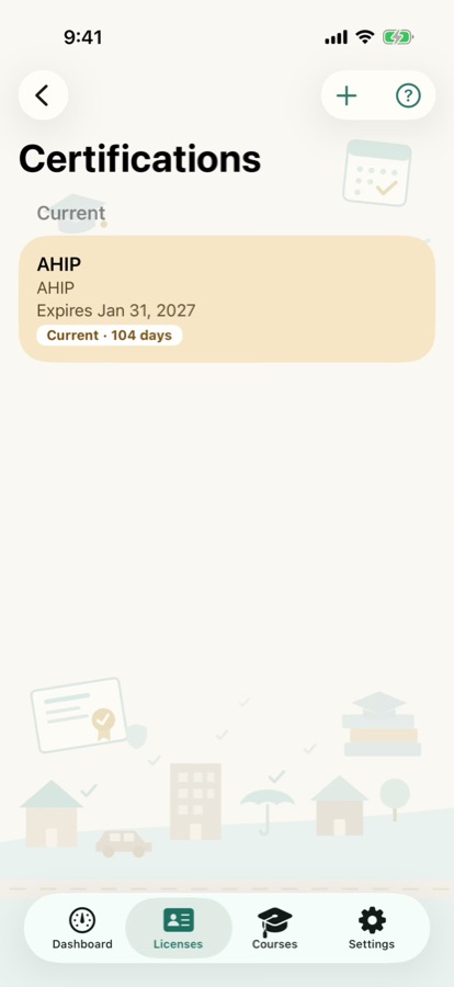The Certifications list with one current certification that expires in 104 days