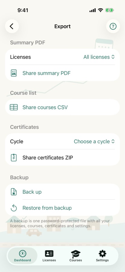 The Export screen: Share summary PDF, Share courses CSV, Share certificates ZIP, Back up and Restore from backup